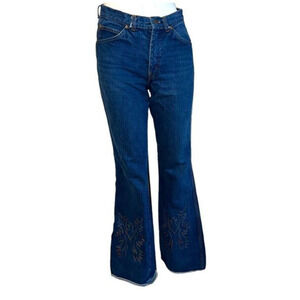 Vintage 70s high rise wedgie bell bottom flare embroidered big stitching jeans